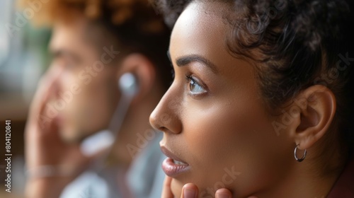 A close-up of a leaders ear intently listening to a team member  highlighting active listening