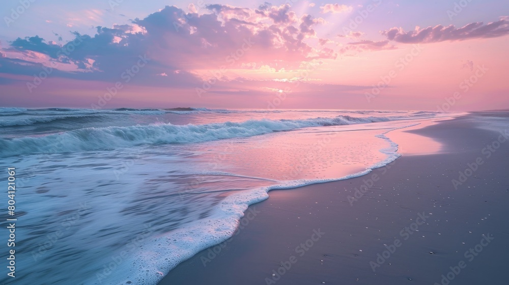 Peaceful sunrise at the beach with a breathtaking sky painted in shades of pink and blue, reflecting off the gentle ocean waves.