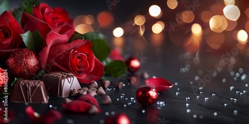 ramo de rosas rojas y chocolates regalos por el dia de san valentin y luces brillantes