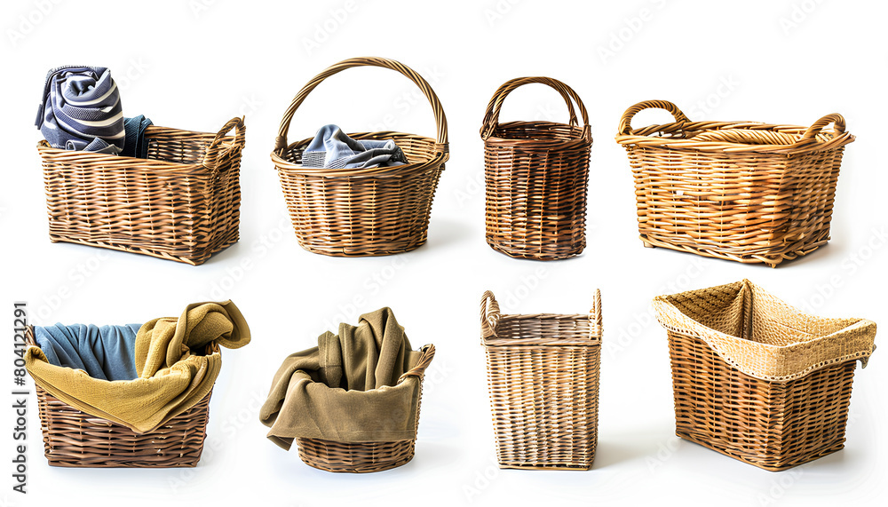 Set of many different wicker baskets with laundry isolated on white Set of many different wicker baskets with laundry isolated on white
