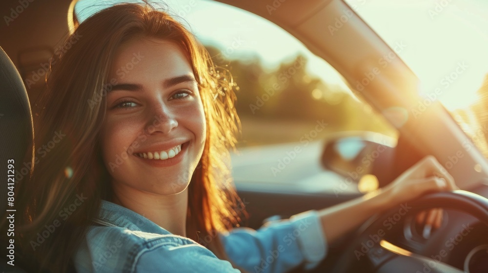 A woman is smiling and driving a car A woman is smiling and driving a car
