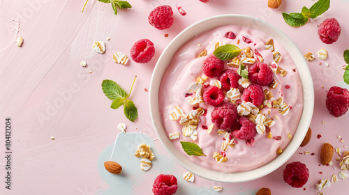 Bowl with pink yogurt nuts and fresh fruits on color b