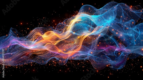 Abstract digital artwork depicting dynamic waves of light flowing through space, highlighted by vivid blue and orange colors.