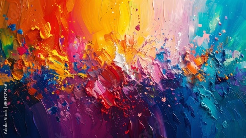 Vibrant abstract painting showcasing an explosion of colors, with dynamic splashes and strokes creating a lively and vivid artwork. photo