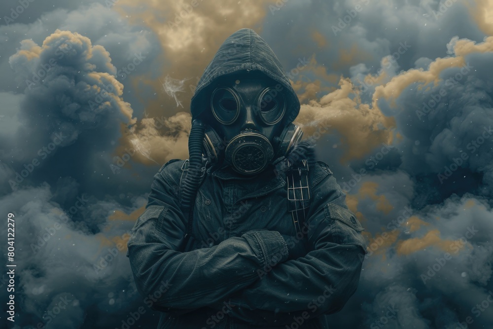 A man in a gas mask among thick smoke. Theme of environmental pollution. A man in a gas mask among thick smoke. Theme of environmental pollution.