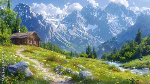 Village houses high in the mountains in a beautiful, flowery area. The theme of vacation and travel.