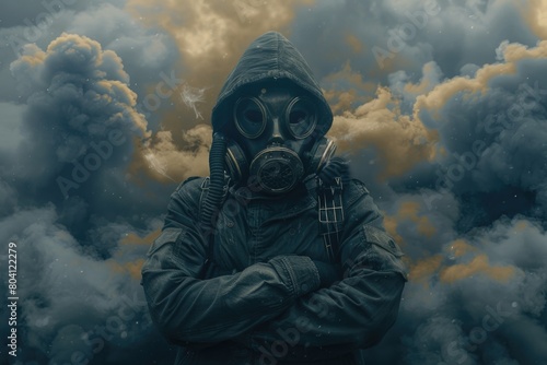 A man in a gas mask among thick smoke. Theme of environmental pollution.