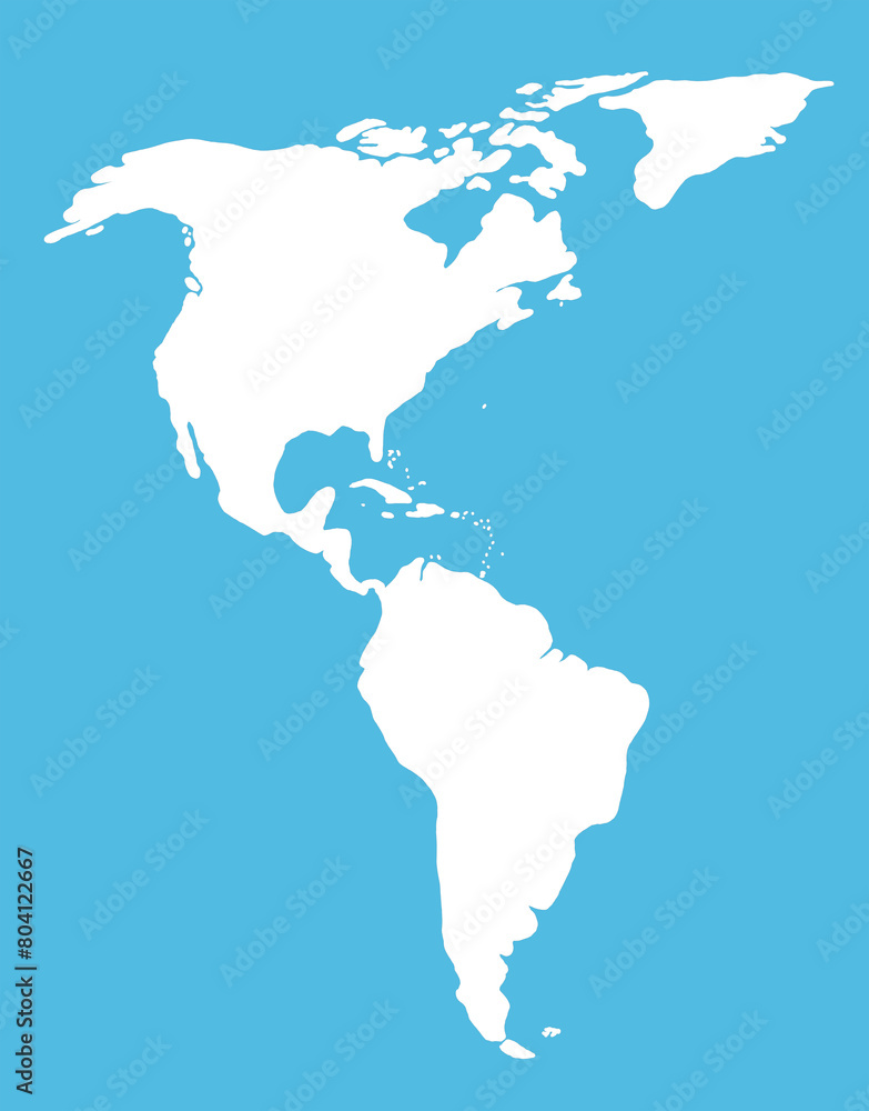 White silhouette of South and North America on the blue background. World map illustration with the American continents.
