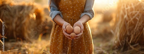 a woman holds chicken eggs in her hands against the background of chickens ,Generative AI,