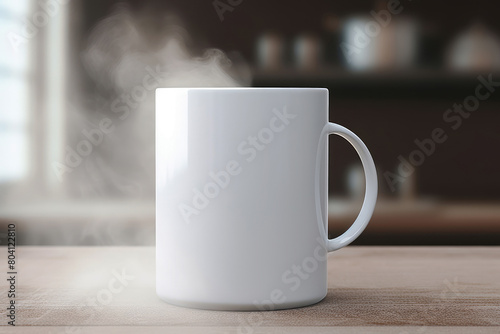 generated Illustration of steaming hot coffee mug on wooden table