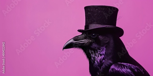 Crow in a top hat on a purple background. Place for text.