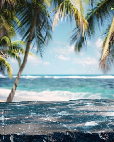 Close up of a stone table top with palm trees and ocean in the blurred background 