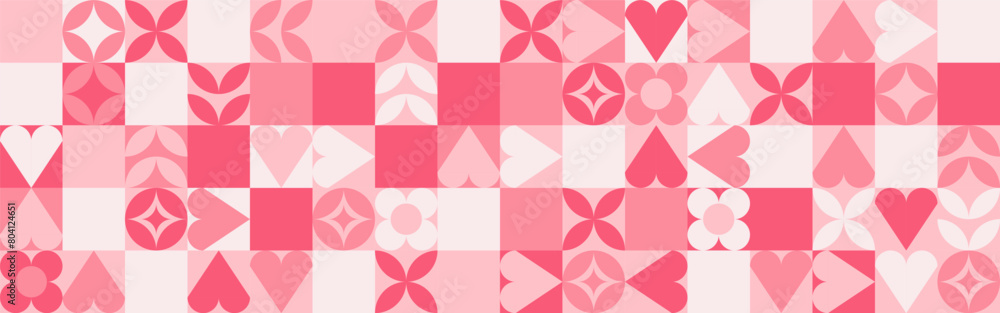 Seamless pink background for Mother's Day card template. Trendy geometric shapes with circles, squares and hearts in retro style for a Valentine's Day or wedding day cover. Seamless pink background for Mother's Day card template. Trendy geometric shapes with circles, squares and hearts in retro style for a Valentine's Day or wedding day cover.