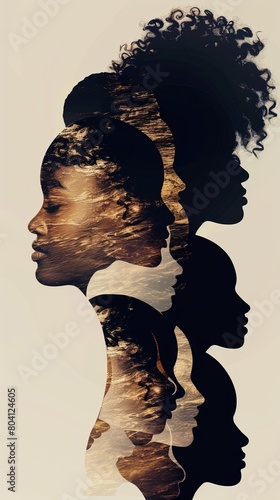 Woman face silhouette in profile with a group of African and African American women faces inside.Concept of racial equality antiracism and a woman who gives a voice to other women. photo