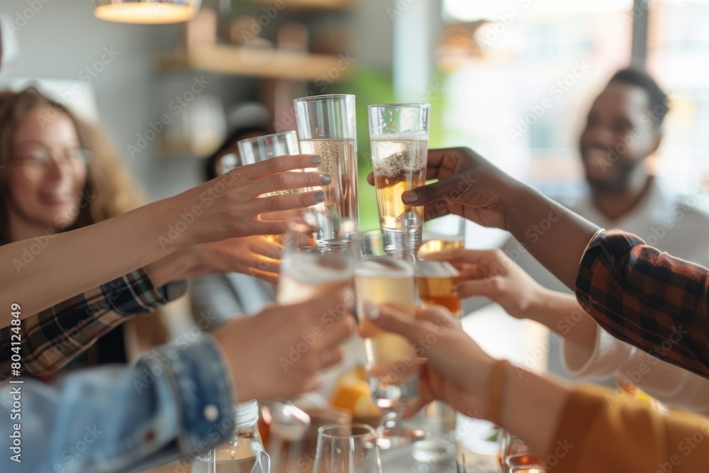 Professional Photography of a remote team celebrating a successful project launch with a virtual toast, highlighting the achievements, Generative AI