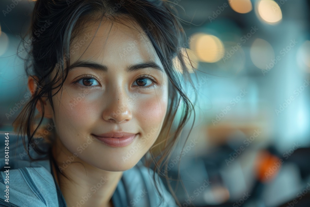 Calm and beautiful Asian woman inside a modern gym environment Calm and beautiful Asian woman inside a modern gym environment