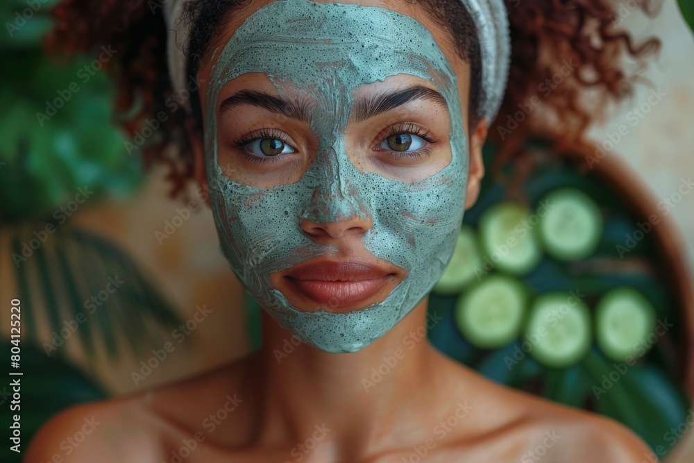 A contemplative young woman applies a green facial mask, focused on her skincare routine A contemplative young woman applies a green facial mask, focused on her skincare routine