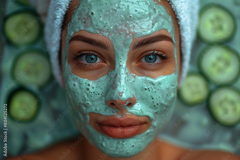 Close-up of a woman's face covered with a turquoise face mask, cucumber slices over eyes, spa concept Close-up of a woman's face covered with a turquoise face mask, cucumber slices over eyes, spa concept