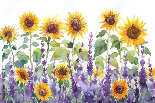 A charming watercolor painting of a cottage garden brimming with sunflowers and lavender  Clipart minimal watercolor isolated on white background