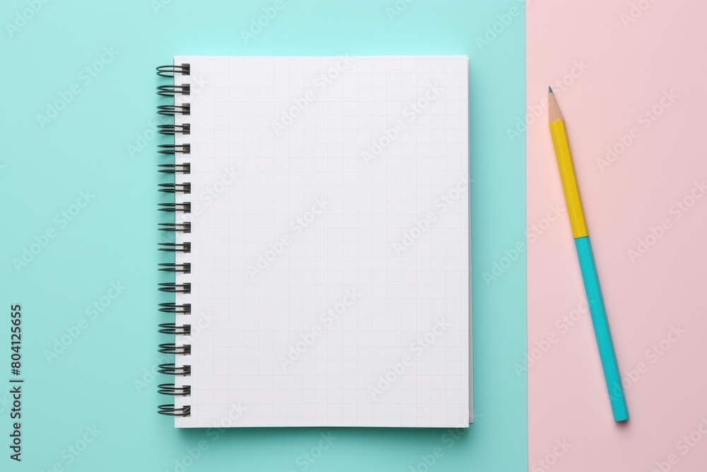 WHITE sheet of notebook and pencil mockup. pastel background. List, notes, daily routine. notebook WHITE sheet of notebook and pencil mockup. pastel background. List, notes, daily routine. notebook