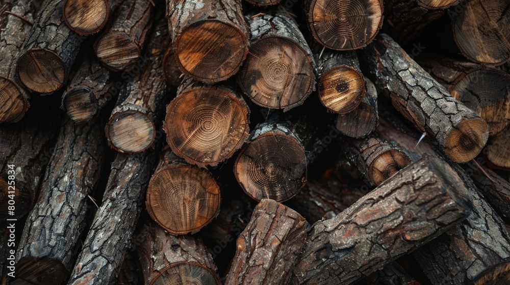 Close-Up of Stacked Timber in the Forest