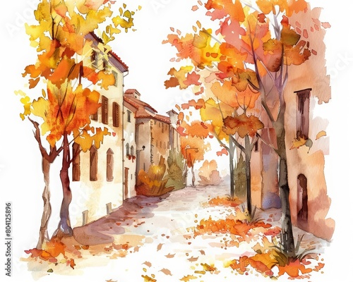 A charming watercolor painting of a small town street scene in autumn, Clipart minimal watercolor isolated on white background