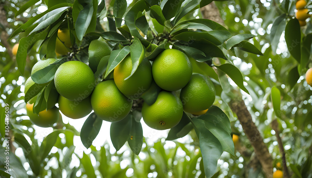 fresh green oranges on tree in Dak Lak, Vietnam