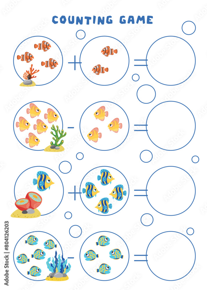 Mini games for children. Preschoolers. Mathematical examples up to 5. Simple mathematics for preschoolers. How many fish live in the sea. Mini games for children. Preschoolers. Mathematical examples up to 5. Simple mathematics for preschoolers. How many fish live in the sea.