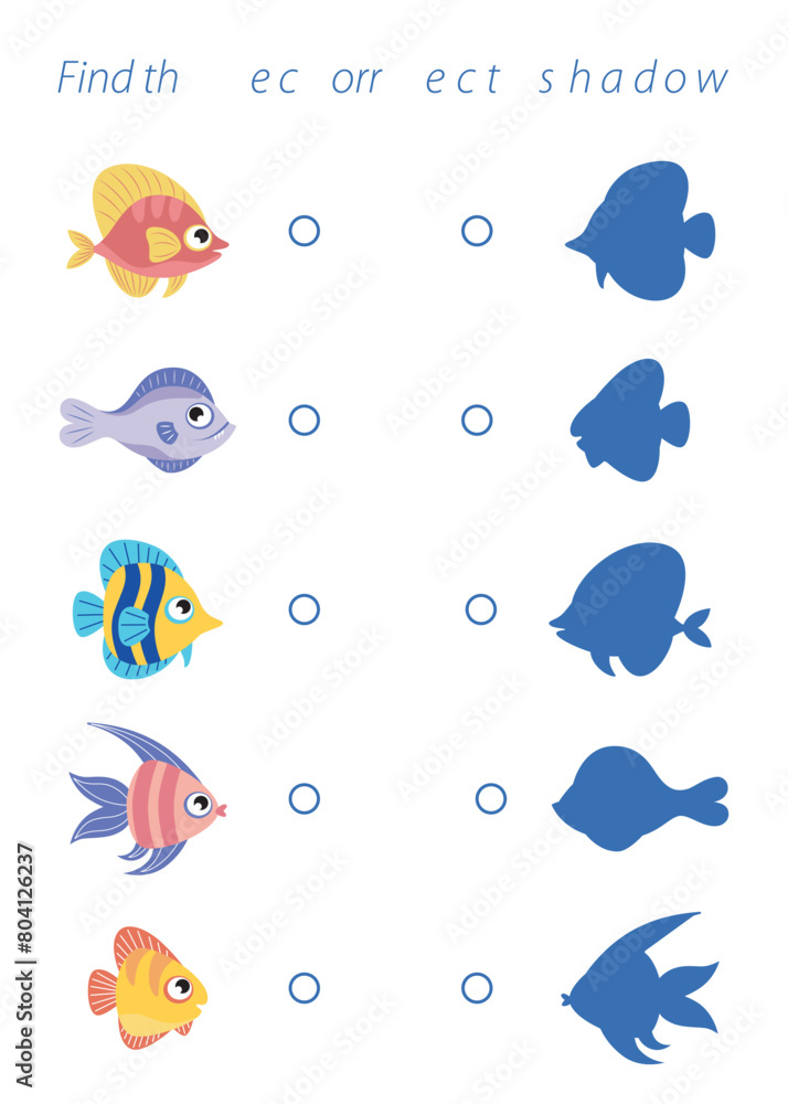 Mini-games for children. find the shadow of the fish, connect the fish with its shadow. simple logic games for preschoolers. Mini-games for children. find the shadow of the fish, connect the fish with its shadow. simple logic games for preschoolers.