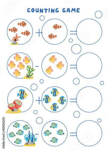 Mini games for children. Preschoolers. Mathematical examples up to 5. Simple mathematics for preschoolers. How many fish live in the sea.