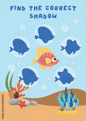 Mini games for children. preschoolers. Find the right shadow. Photo with cartoon fish. Games 3-4 years. Mini games for children. preschoolers. Development of logic in children.
