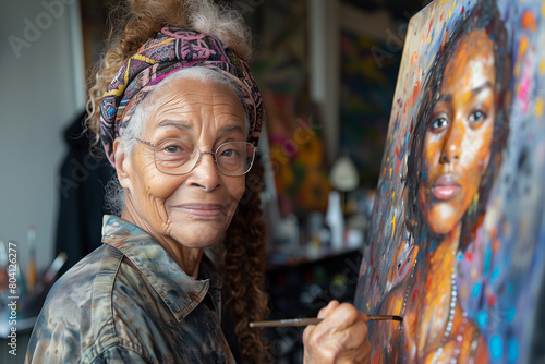 An elderly woman paints a portrait on an easel.