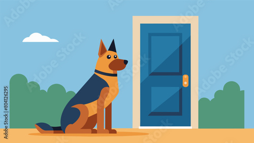 A loyal German Shepherd patiently sits waiting for the smart pet door to scan its face before granting access to the house.. Vector illustration
