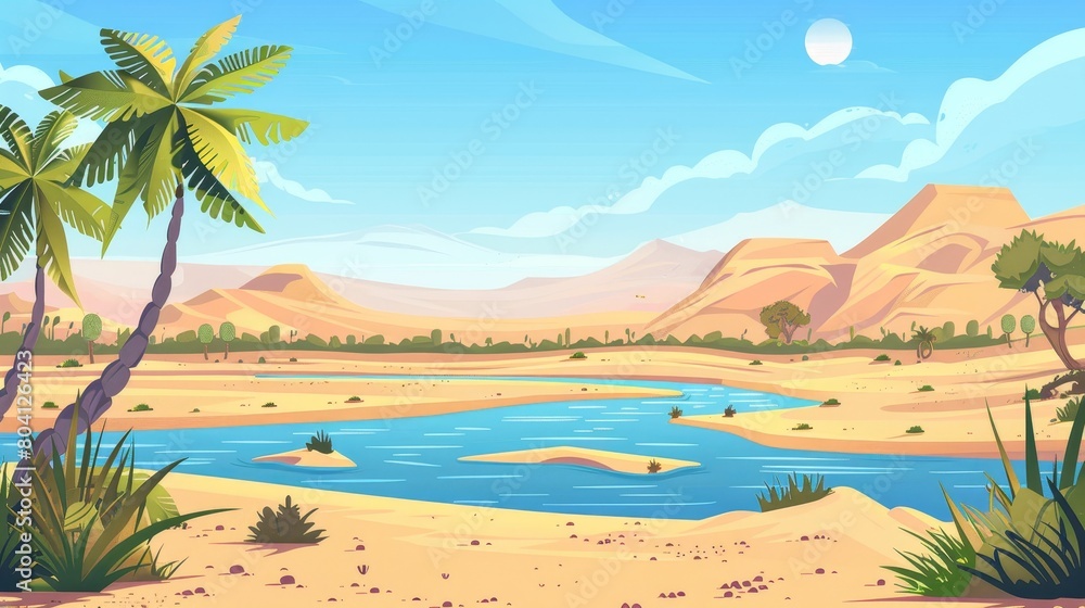 A modern illustration of a river along a desert oasis. An Egypt Nile panorama illustration containing trees, cacti, and water. A landscape of arid savannah landscape hills. A hot safari journey scene