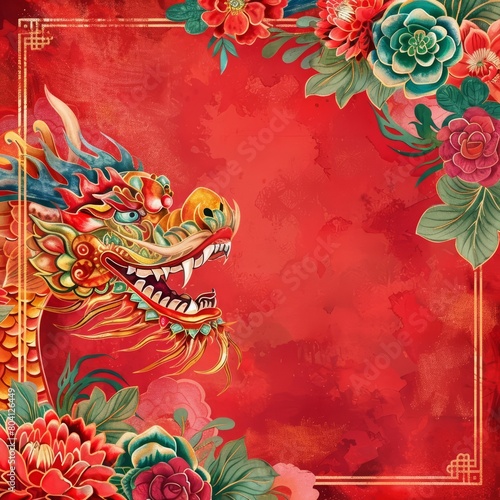 A Chinese new year template features traditional motifs and vibrant colors to celebrate the Lunar New Year  Watercolor Blank frame template Sharpen with large copy space