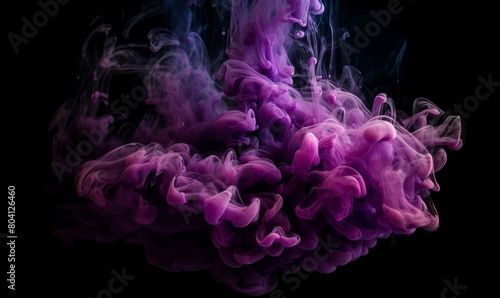 Generative AI illustration of abstract purple and violet fluffy pastel ink smoke cloud against black background