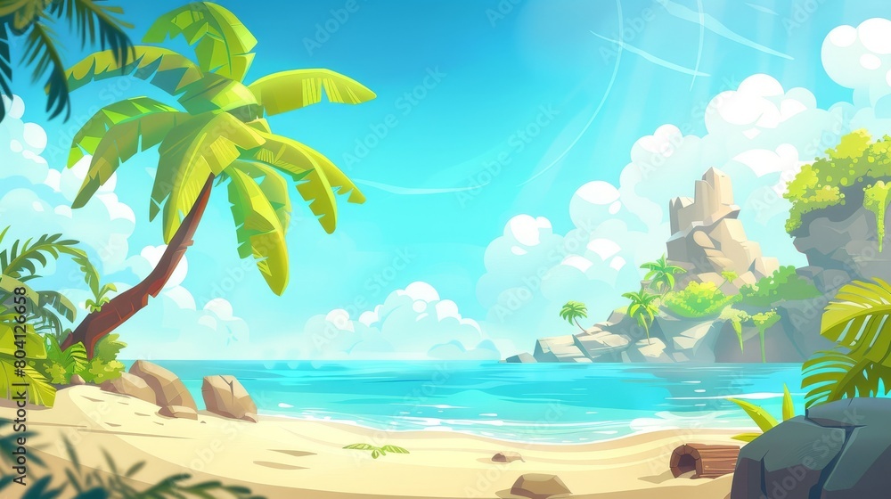 Tropical vacation time landscape with palm trees, sea water, and sand shore. Caribbean wild ocean coast environment to explore cartoon illustration.