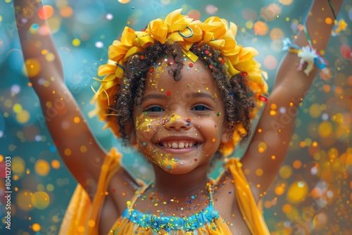 Joyful young girl celebrating with vibrant carnival colors and confetti