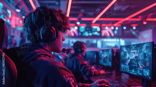 High-stakes esports tournament, team coordination and competition, vivid screens and focused gamers. Generative AI. © visoot