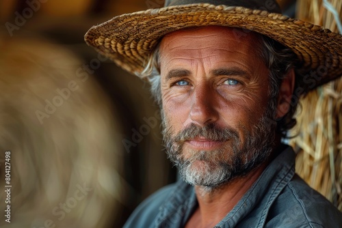 Rugged mature man with a beard wearing a straw hat and a contemplative look
