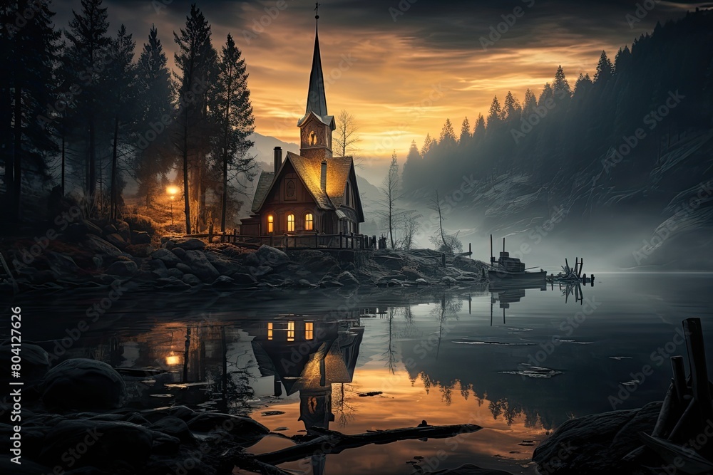 Obraz premium Sweden Landscape. Serene Sunset at Lakeside Church Amidst Misty Forest.