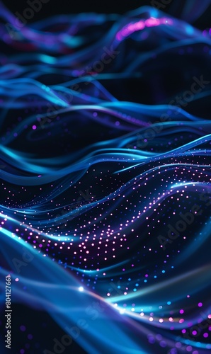 colorful abstract background with shiny neon purple and blue dots and waves, technology and cyberspace background