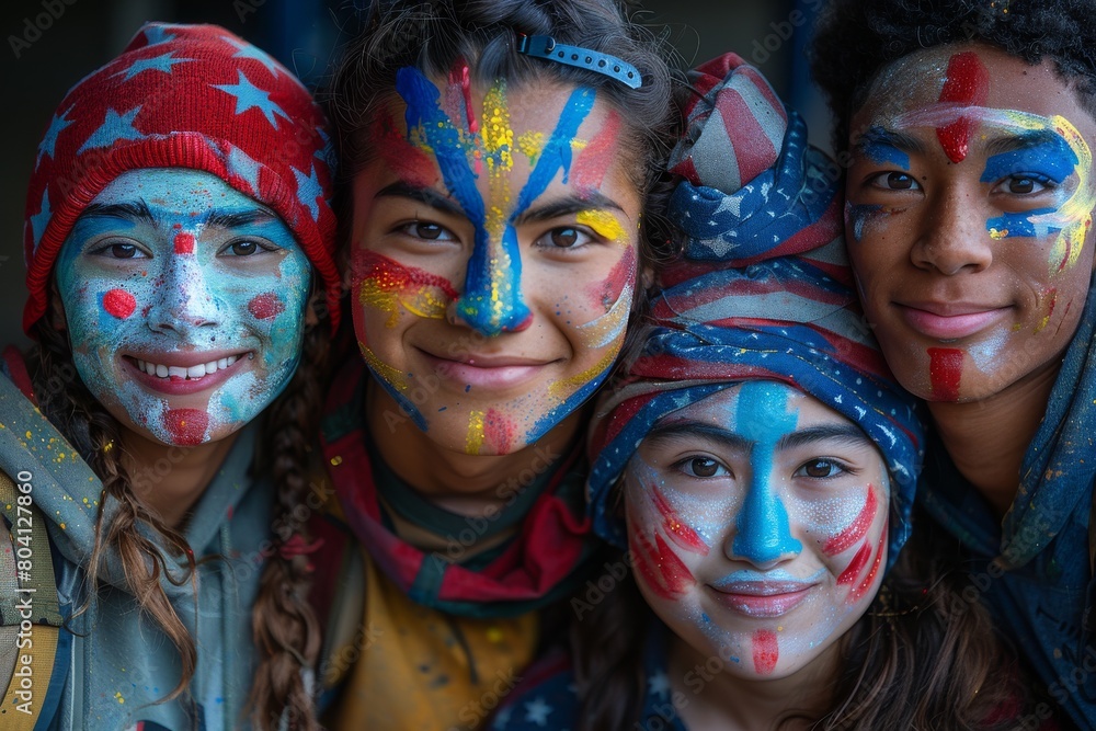 Obraz premium Four young girls wearing patriotic face paint and accessories in red, blue, and stars