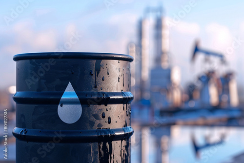 Black barrel in front of oil refinery with white sign indicating that there is oil inside. photo