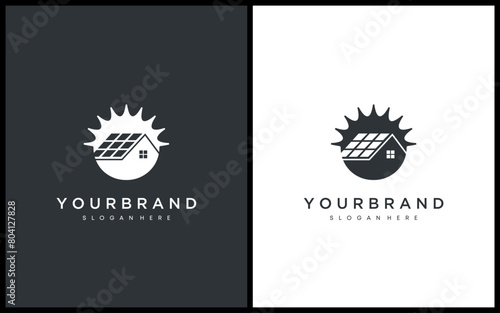 Abstract hous solar energy vector logo. Graphic of house with solar panel roof and sun. Simple creative icon style. Illustration template.