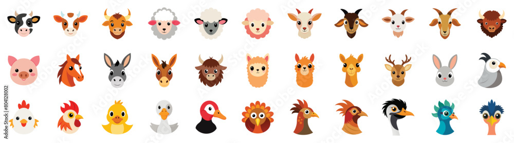Fototapeta premium Collection of Cute Farm and domestic Animals heads Icons, vector flat cartoon illustration - cow, chicken, duck, goat, sheep, horse, pig, dog, cat, bee, llama, donkey.