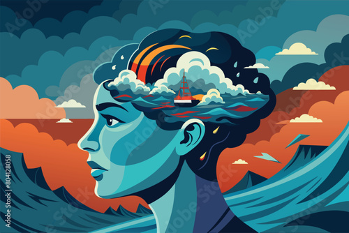 Female profile with vivid storm and serene sea inside, vector cartoon illustration. A depiction of contrasting emotional states. photo