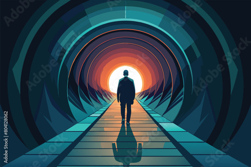 Solitary figure standing at the end of a vibrant tunnel, vector cartoon illustration.