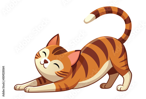 Happy striped cat stretching in a cozy pose  vector cartoon illustration.