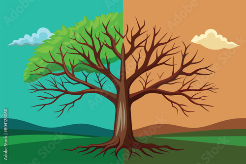 Half lush  barren tree  vector cartoon illustration. Duality of nature.
